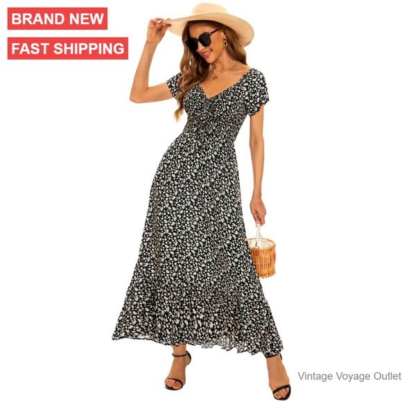Rayon Maxi Dress Flowy Boho Square Neck Off Shoulder Summer Beach